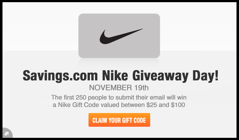 Win one of 250 coupon codes worth $25-$100 at Nike.com on 11/19!