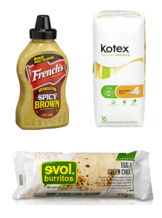 French's Spicy Brown Mustard Kotex Natural Balance Liners Evol Burrito