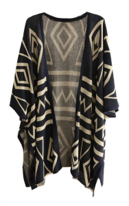 Geometric Print Batwing Sleeve Loose Shawl Open Cardigan Sweater