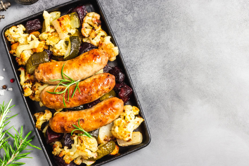 sheet pan dinner, sausage and vegetables